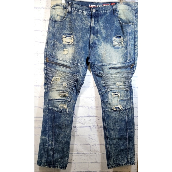 Lion Dynasty Mens Acid Wash Distressed Zipper Baggy Jeans Size 40 Slim Grunge - Picture 1 of 12